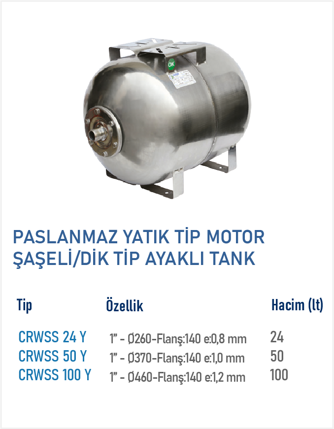 Paslanmaz Yatık Tip Motor Şaseli / Dik Tip Ayaklı Tank